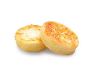 Cottage cheese pancakes on white background