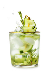 Glass of cold gin tonic and cucumber slices on white background