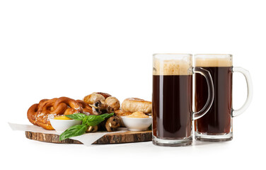 Mugs of beer and snacks on white background. Oktoberfest celebration