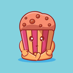 cute muffin cake mascot sitting down isolated cartoon in flat style