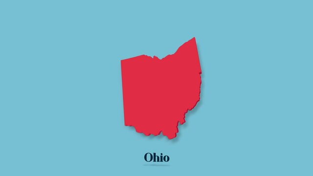 3d animated map showing the state of Ohio from the United State of America isolated on blue background. 3d Ohio state. USA. Text or labels Ohio with silhouette