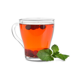 Cup of tasty tea with cranberry on white background