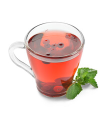 Cup of tasty tea with cranberry on white background