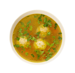 Bowl with tasty meatball soup on white background