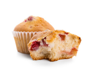 Tasty cranberry muffins on white background