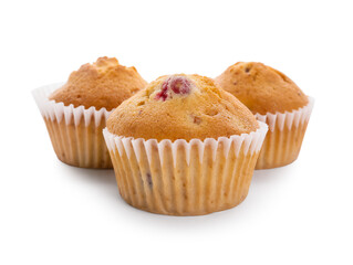 Tasty cranberry muffins on white background