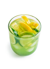 Glass with tasty lemonade on white background