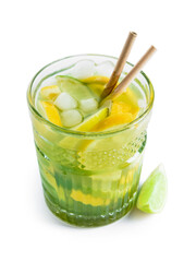 Glass with tasty lemonade on white background