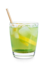 Glass with tasty lemonade on white background