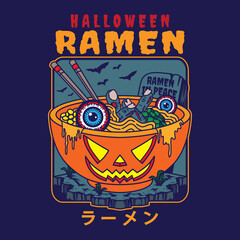 Illustration design of delicious japanese ramen noodle on bowl with halloween pumpkin vintage flat style. Good for logo, background, tshirt, banner