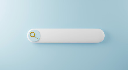 Blank search bar button with magnifying glass on blue background, creative web searching design element, Browsing internet data box concept, 3D rendering illustration