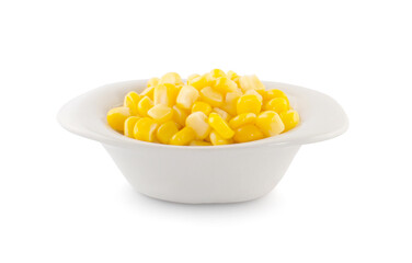 Bowl with corn kernels on white background