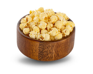 Popcorn in striped bucket on white background