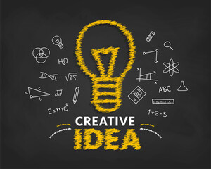 Creative ideas concept with doodle light bulb and typography lettering of idea background, inspiration, innovation, creativity
