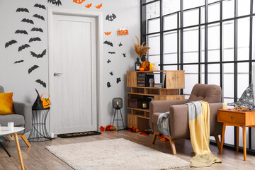 Interior of living room with decorations for Halloween
