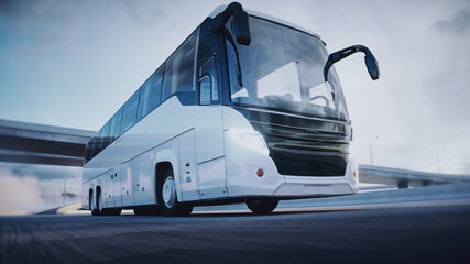 Touristic passenger bus on highway. Very fast driving. Tourism concept. 3d rendering.