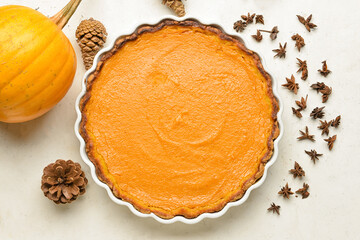 Obraz na płótnie Canvas Composition with delicious pumpkin pie on white background