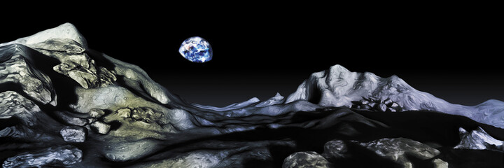 Moon landscape / Illustration a rocky view on the Moon. Earth in the background. Horizontal banner, digital painting