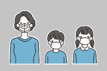 マスクをして並ぶ母親と子供たちのイラスト