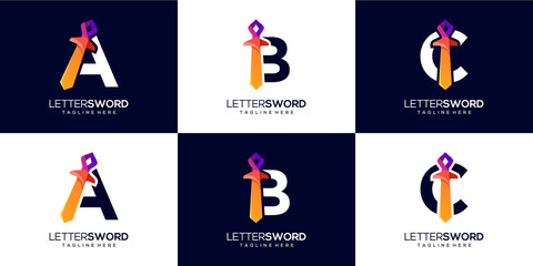 Set of alphabet a, b, c logo combination with sword