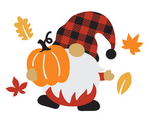 Cute gnome with plaid pattern hat holding a pumpkin with fall leaves background vector illustration.