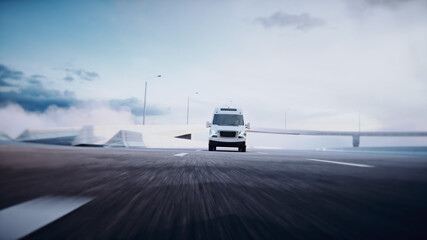Obraz premium White delivery van on highway. Very fast driving. Delivery concept. 3d rendering.