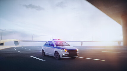 Police car on highway. Very fast driving. 3d rendering.