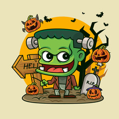 Cartoon little green monster holding pumpkin lantern with little ghost pumpkins on creepy halloween background