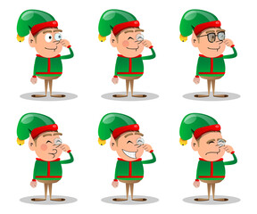 Christmas Elf holding a magnifying glass. Vector cartoon character illustration of Santa Claus's little worker, helper.