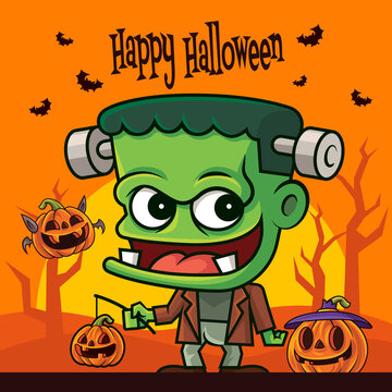 Cartoon green monster holding pumpkin lantern with fly bats on creepy halloween background