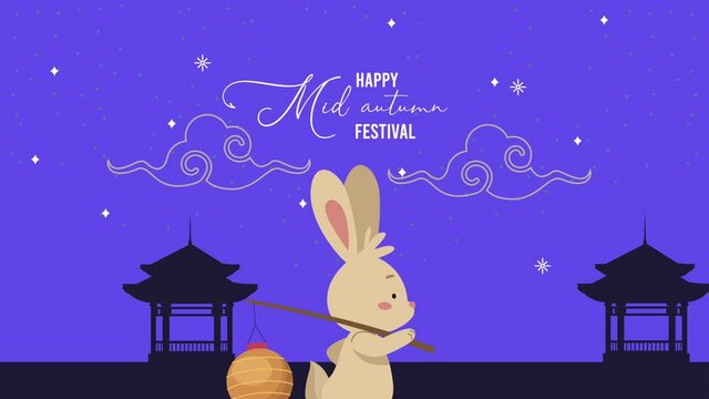 happy mid autumn festival lettering with cute rabbit walking