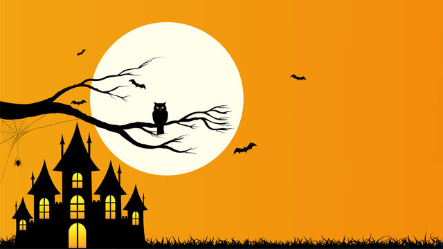 Happy Halloween template and background with copyspace, Design with the Castle, Owl holding on tree branch, bat, web spider and full moon on Orange color Background, Vector illustration