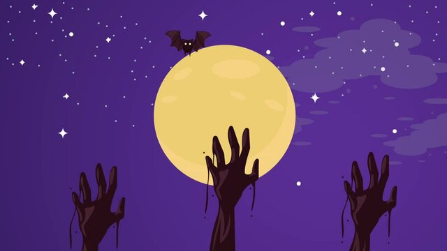 Happy Halloween Animation With Zombie Hands And Fullmoon