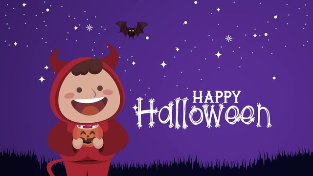 happy halloween lettering with devil kid