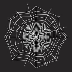 White threads of spider web on dark background. Black and white design. Spiderweb silhouette graphic. Cobweb outline on black wall. Halloween theme. Network, trap and danger, scary, arachnid symbol.