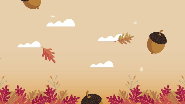 hello autumn animation with leafs and acorn pattern