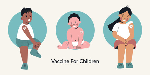 Vaccine for children or Kids after vaccination concept. Little girl and boy with plaster on shoulder from injection. Vaccinated baby. Medicine and healthcare for toddlers. Vector illustration, banner