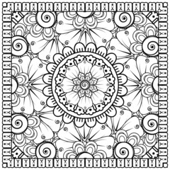 Outline square flower pattern in mehndi style for coloring book page