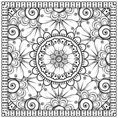 Outline square flower pattern in mehndi style for coloring book page