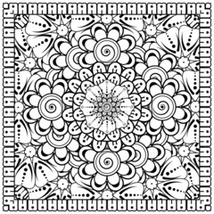 Outline square flower pattern in mehndi style for coloring book page