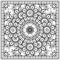 Outline square flower pattern in mehndi style for coloring book page