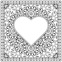 mehndi flower with frame in shape of heart. decoration in ethnic oriental, doodle ornament.