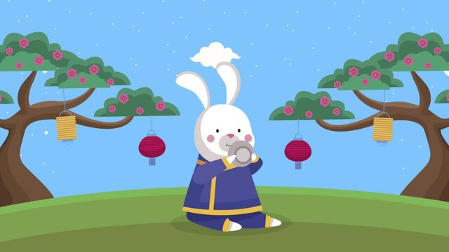 mid autumn animation with rabbit in the field
