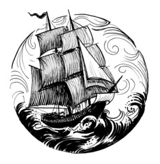 Sailing ship in the sea. Ink black and white drawing © berdsigns