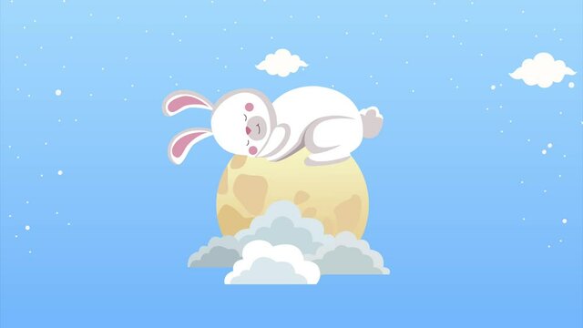 mid autumn animation with rabbit sleeping in moon