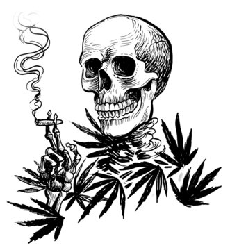 Human skeleton smoking marijuana joint. Ink black and white illustration