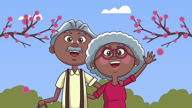 afro grandparents couple with branches animation