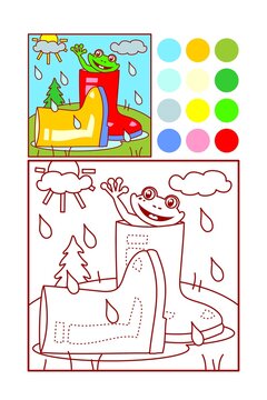 Coloring page for kids. Gumboots, frog, rain, puddle.
