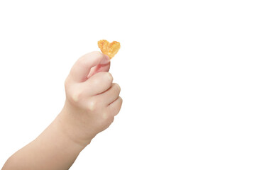 kid hand hold Korean symbol of love in snack shape isolated on white