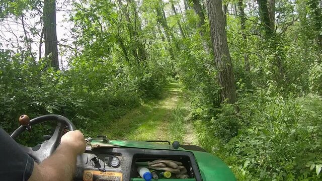 View of hands and steering wheel of a man driving a UTV on a grassy trail through lush woods along a fence row; concepts of lifestyle, hard working, farm labor and country life